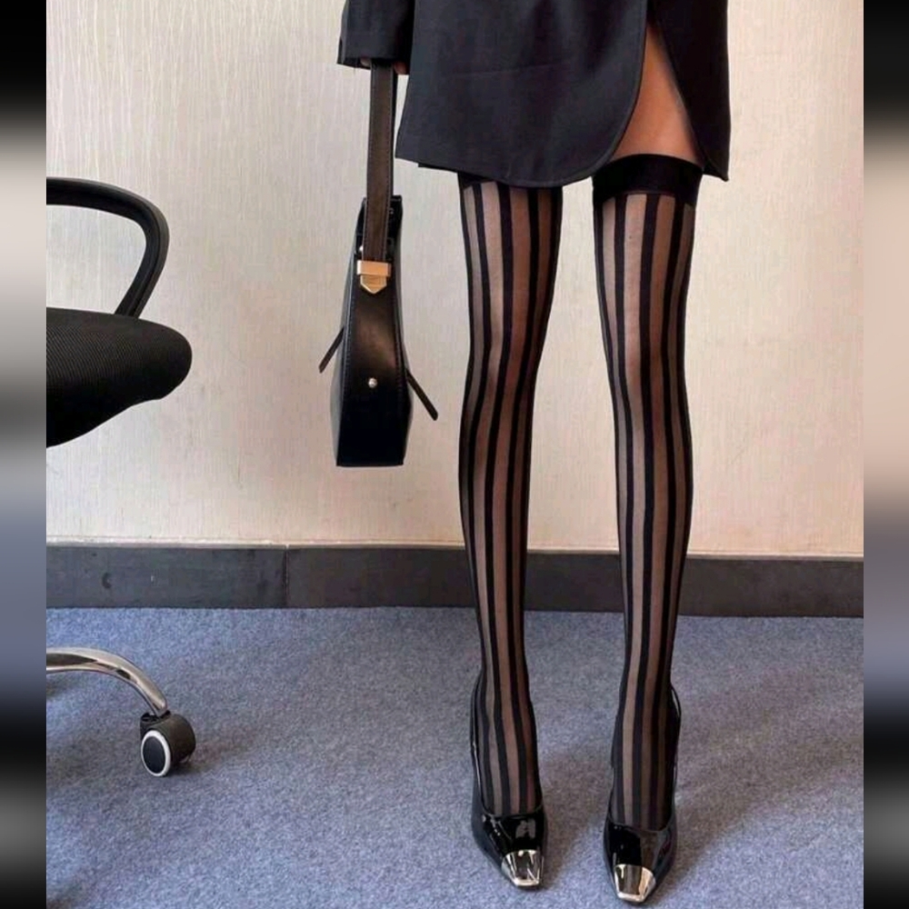 NWT, Elegant Black Striped Thigh Highs
